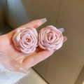 Close-up of two handmade pink fabric rose charms for French retro jewelry sets - Pink Flower Style (74#)