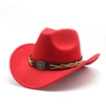 Detail of red cowboy felt hat featuring a brown leather band and bull head metal ornament - M(56-58cm) / Red