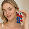 Ethnic style earrings with silver discs, red felt pads and blue resin branch tassels - 925 Sterling Silver Earring Post Silver Red Blue Round (30#)