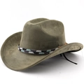 Olive green faux suede cowboy hat with stylish ethnic beaded band and wide brim - Army Green