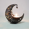Black crescent moon and star iron candle holder with cutout geometric patterns - Moon Hollow Style (YYZT-01A) / Black