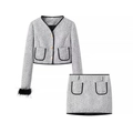 Elegant women's black and white tweed skirt set with golden buttons and feather trim sleeves - S / Light Gray