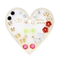Set di 12 paia di orecchini colorati con varie forme geometriche su espositore a cuore - US 7