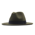 Olive green wool felt fedora hat featuring a wide brim and classic black decorative band - M (56-58cm) / Army Green