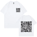 Detailed flat lay of white T-shirt featuring minimalist QR code prints on front and back - S / White