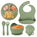 6-teiliges Silikon-Baby-Geschirrset in Salbeigrün mit Saugnapfschale, Teller und Latz - 6-teiliges Set mit Vollsilikon-Besteck / Olivgrün