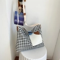 Minimalist black and white plaid canvas tote bag with adjustable shoulder strap and pockets - Black Grid