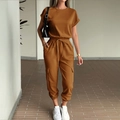 Women's casual short sleeve top and cargo jogger pants two-piece set in caramel brown color - Brown