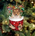 Niedlicher Welpe mit Rentiergeweih in einem roten Weihnachtsstrumpf Anhänger Deko - Sheltie Welpe