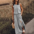 Sleeveless grey maxi dress with side slit and round neck for women casual commute wear - S / Gray