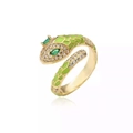 Detail of snake ring featuring green enamel scales and pavé cubic zirconia on gold band - Green