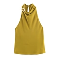 Elegantes Neckholder-Oberteil aus ingwergelbem Satin mit Metallring für Damen - XS / Gelb
