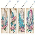 Set di 4 segnalibri fai-da-te 5D a diamante con piume floreali in pelle PU e nappe - SQ-10 (Piuma Retro/Note Musicali Set di 4)