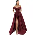 Elegant wine red off-shoulder evening gown with high slit and sleek satin finish - US 2 / Burgundy