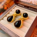 Vintage gold wire-wrapped drop earrings with black stones in a premium velvet box - Silver Earring Post Circle Waterdrop Earrings