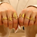 Golden ocean theme rings featuring starfish and ginkgo leaf designs for women - Shell & Starfish Ring Set of 6