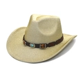 Detail van gouden glitter cowboyhoed met bruine lederen band en turquoise steen - M (56-58cm) / Goud