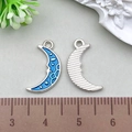 Silver crescent moon alloy charms with blue enamel and striped texture, length 2cm - Lake Blue Moon 9x17mm