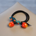 Navy blue polka dot bow hair tie with orange gradient beads on elastic band - Orange