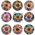 Set of 8 DIY round diamond painting coasters with sunflower patterns and a black metal holder - Colorful Flowers Style