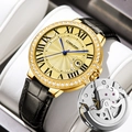Gold skeleton mechanical watch with diamond bezel, blue hands, and black leather strap - Gold Dial Black Leather Style (A48黑皮金面)