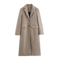 Franse stijl lange jas met pied-de-poule patroon, reverskraag en tweeknoops sluiting - XS / Ruit