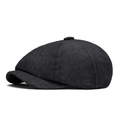 Dark grey denim newsboy cap with classic eight-piece panel design on white background - Adjustable / Black