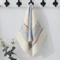 Close-up of cream waffle weave cotton towel with blue and orange stripes on hook - 34*74cm / Blue