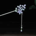 Eleganter chinesischer Haarstab mit lila Emaille-Blüten, Perlen und silberner Quaste - Lila Emaille Blume Künstliche Perle Quaste Stil (0554)