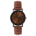 Minimalist quartz watch with brown 3D geometric silicone strap and blue analog hands - Coffee