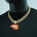 Hip hop gold Cuban chain necklace with red diamond lips pendant worn by model - 18inch/45cm / Gold Red Lips with 18inch Cuban Chain