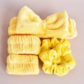 4-piece soft plush bright yellow headband set with bow, wristbands and hair scrunchie - Yellow Washing Set (5-Piece Set)