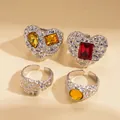4-piece silver heart ring set with red and yellow resin gemstones in punk Y2K style - Open Adjustable (HR2875) / Four-Piece Set / Silver