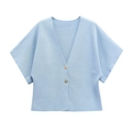 Light blue V-neck short sleeve knit cardigan with gold buttons on white background - S / Light Blue
