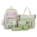 5-piece student backpack set in green and pink with a cute bunny charm and pins - Five-Piece Set / Green