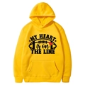 Yellow fleece hoodie with MY HEART IS ON THE LINE football print and front pocket - Yellow-My Heart Is On The Line