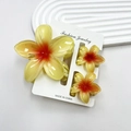 Three-piece plumeria flower hair claw clip set in yellow and orange gradient tones - Yellow Background With Red Core Set (including Cards)
