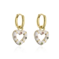 Detailed macro view of gold-plated heart earrings with colorful zircon and white enamel - White Heart Earrings / White/Multi-color (41744)