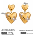 Orecchini a doppio cuore in acciaio dorato con stelle argentate e misure incluse - Stile Doppio Cuore con Intarsio di Stelle (JDE2405060-PS)