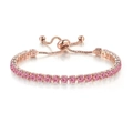 Detail of rose gold tennis bracelet with pink crystals and adjustable bolo clasp - Rose Gold - Pink