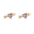 Detailed view of gold Cupid arrow earrings with purple heart zirconia on white background - Gold Purple Zircon Heart