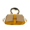 Fashionable ginger yellow leather and beige canvas handbag with gold metal curved handle - Brown
