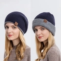 Unisex navy blue knit beanie with Sports leather patch shown in two styling options - Navy Blue