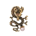 Vintage gold dragon brooch with sparkling brown rhinestones and a lavender pearl accent - Antique Gold/Brown Stones