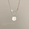 Double-layered silver titanium steel necklace featuring a cross and diamond pendant - Double Layer Cross & Round Tag Style / White Gold
