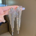 Silver fringe tassel earrings featuring sparkling pear-cut crystals and dangling rhodium lines - Pear-Shaped Large Main Stone Dense Tassel Style (41#银针-金色)