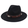 Detail of wide brim fedora hat featuring brown leather band and western silver buckle - Black