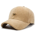 Beige herringbone baseball cap featuring a golden bow metal buckle for women - Adjustable / Khaki