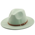 Detailed view of mint green wool fedora hat with brown leather band and gold buckle - M (56-58cm) / Cream White