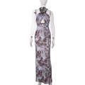 Detail of halter neck maxi dress featuring brown and lavender abstract floral print - S / Blue